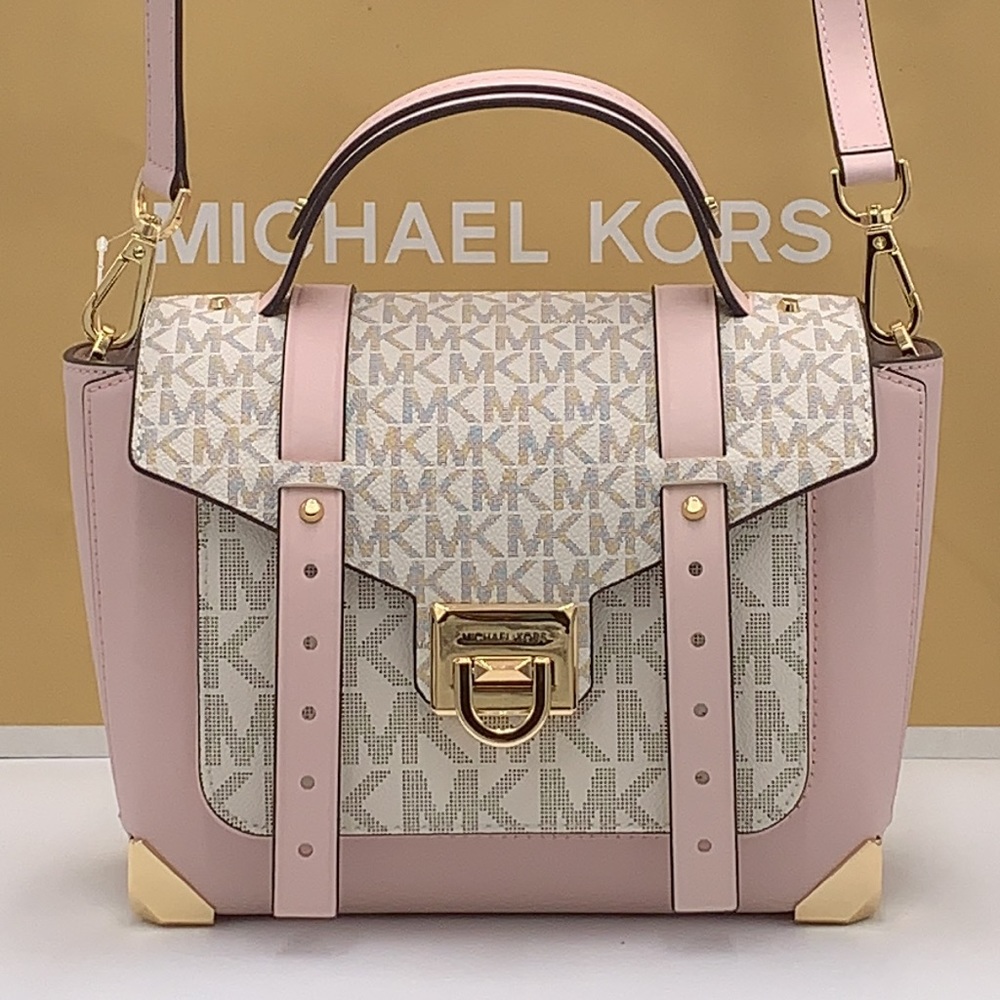 MICHAEL KORS 
Manhattan Medium Leather and Logo Satchel POWDER BLUSH MULTI COLOR - Picture 9 of 13